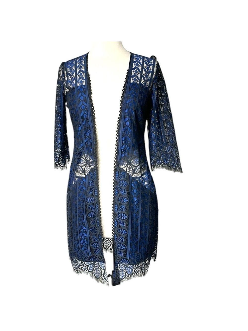 For Love & Lemons Lace Open Front Kimono Cardigan Top SZ L Black Blue - Picture 2 of 5